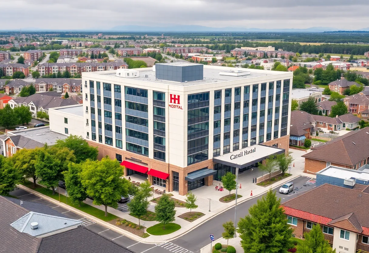 Aerial view of Texas Rehabilitation Hospital and surrounding dining establishments in Denton.