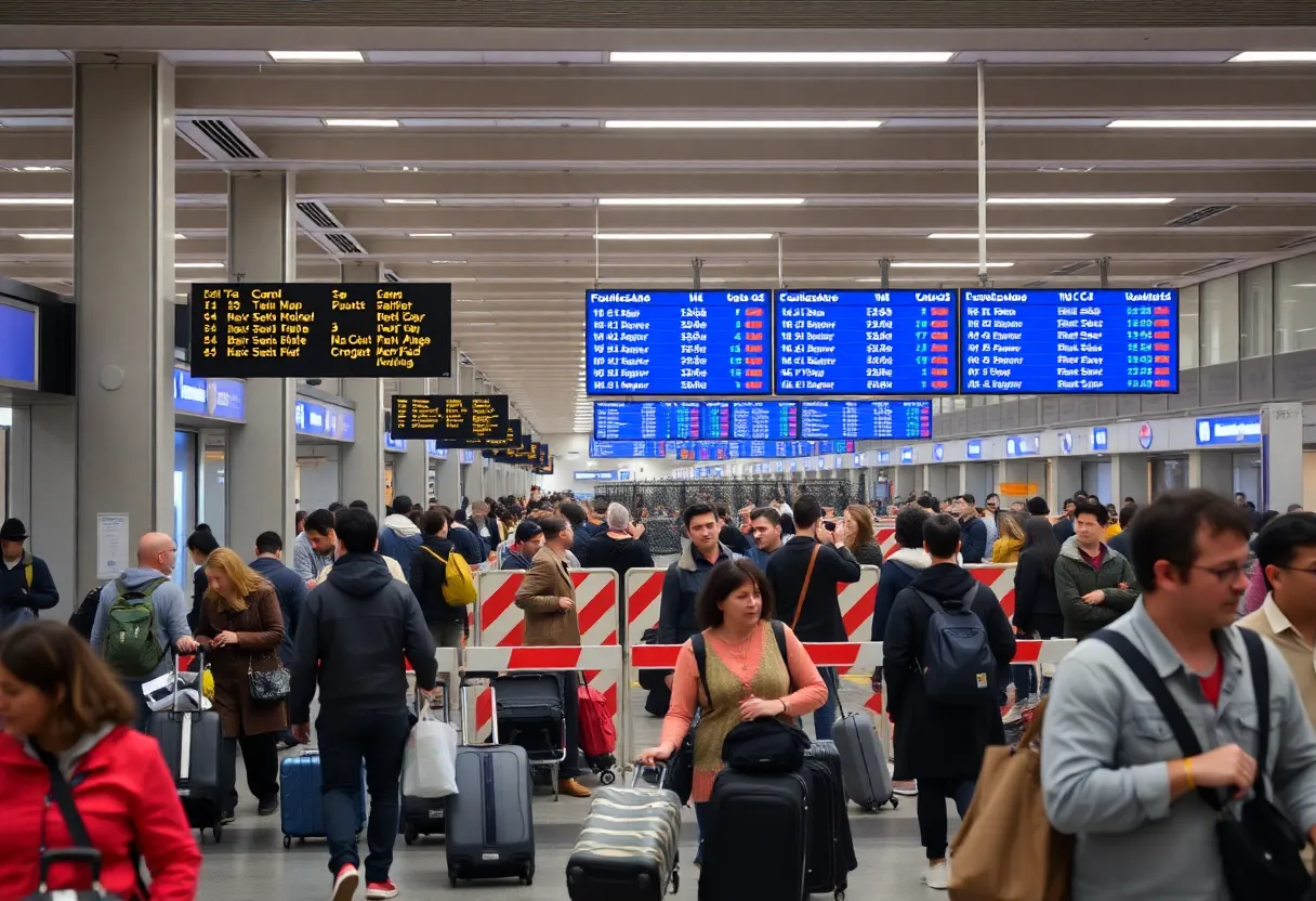 Busy terminal at DFW Airport with travelers and construction barriers