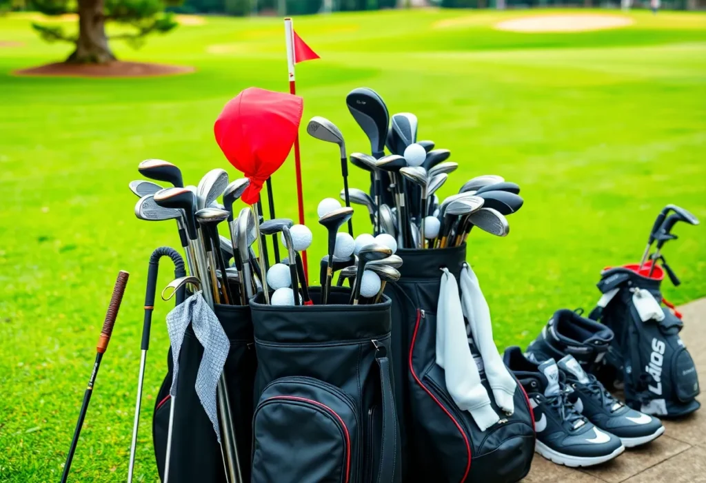 A variety of golf equipment displayed on sale with discount labels