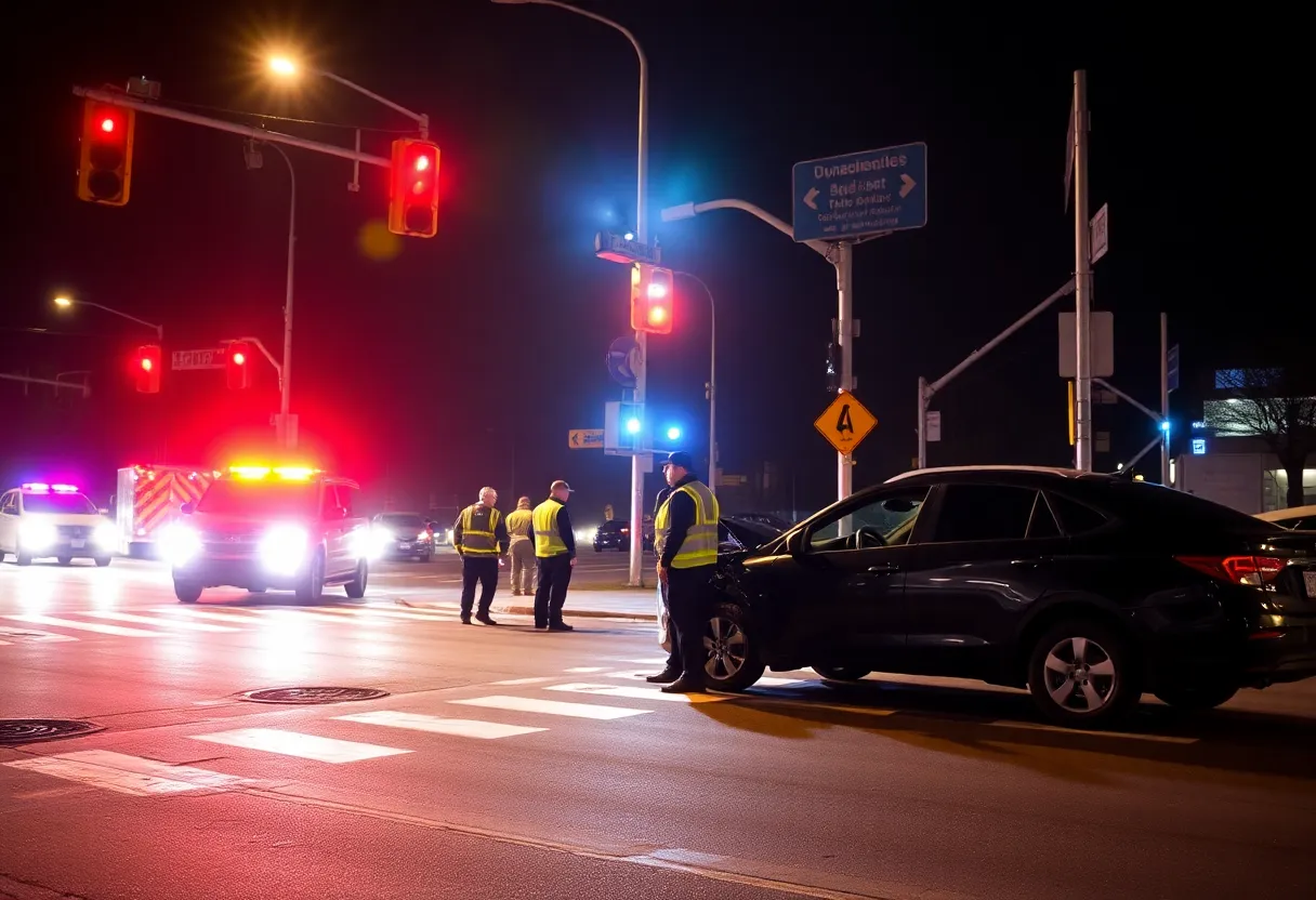 Emergency responders at the scene of a vehicle collision in Old East Dallas at night.