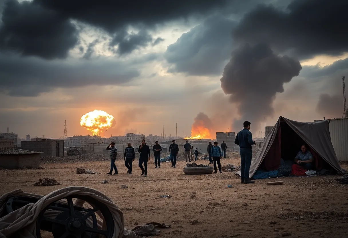 A scene showing airstrikes in Gaza with civilians in distress.