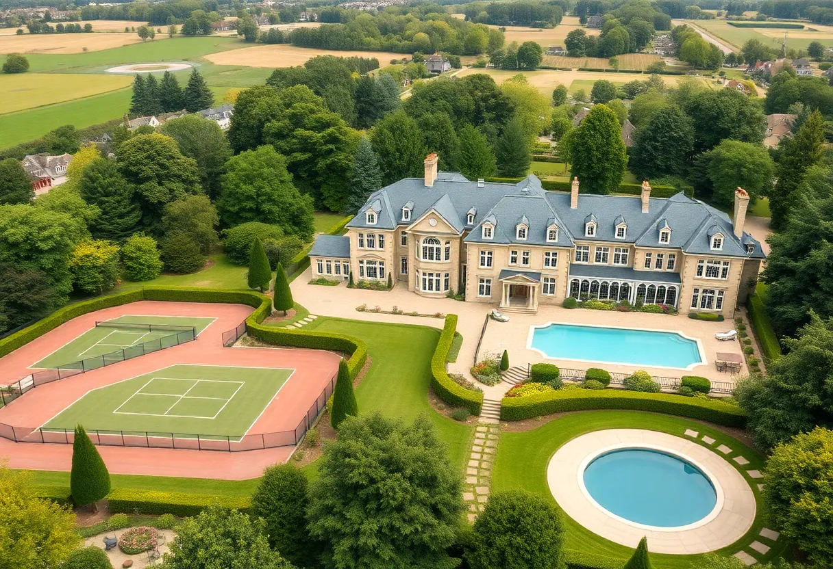 Exterior view of a Georgian-style mansion with gardens
