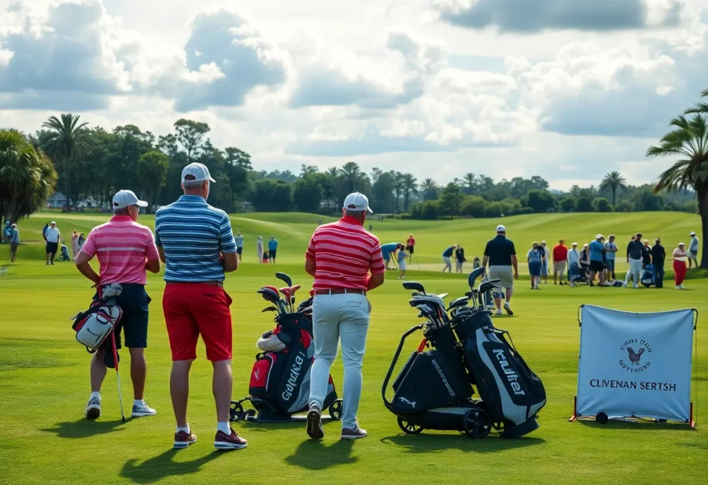 Players on a golf course with various golf equipment