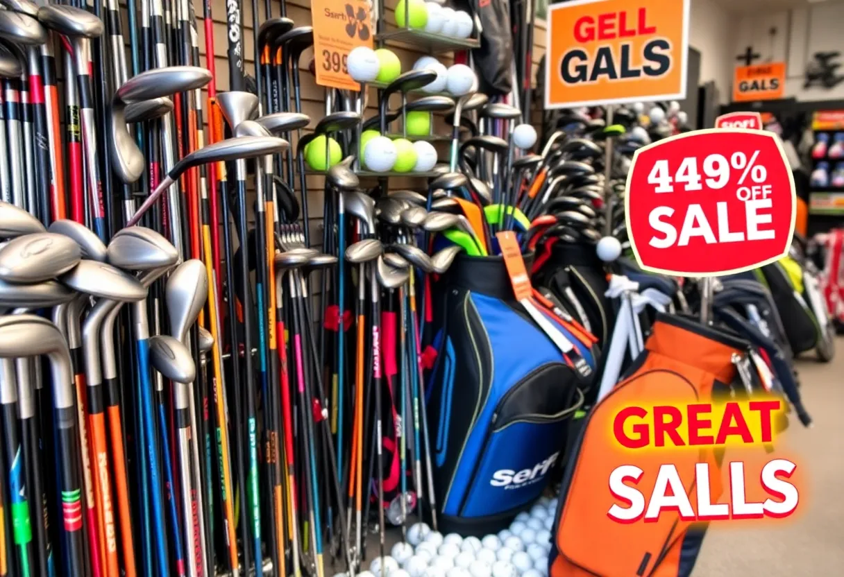 Display of various golf equipment showcasing discounts
