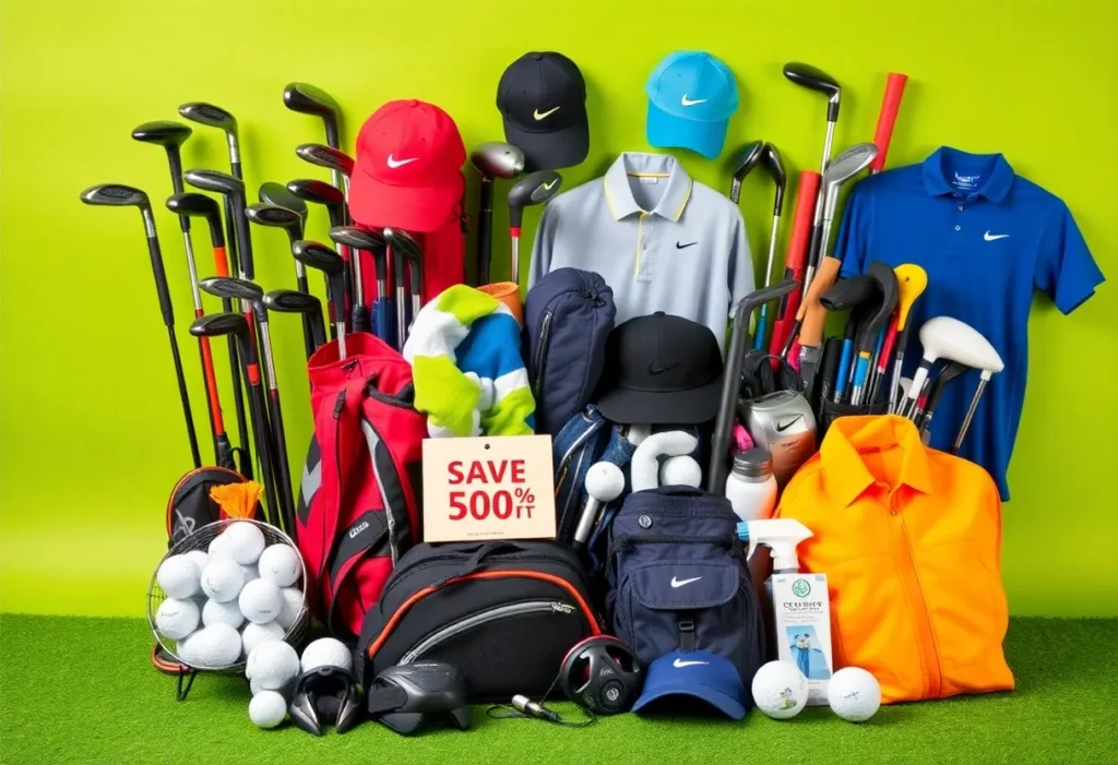 Showcase of discounted golf gear including clubs and balls during Black Friday sales.