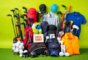 Showcase of discounted golf gear including clubs and balls during Black Friday sales.