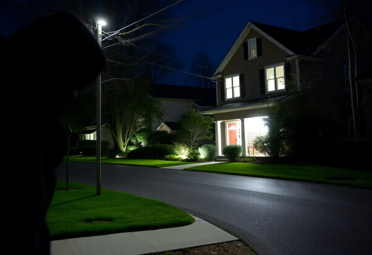 Suburban neighborhood at night with a focus on a well-lit home
