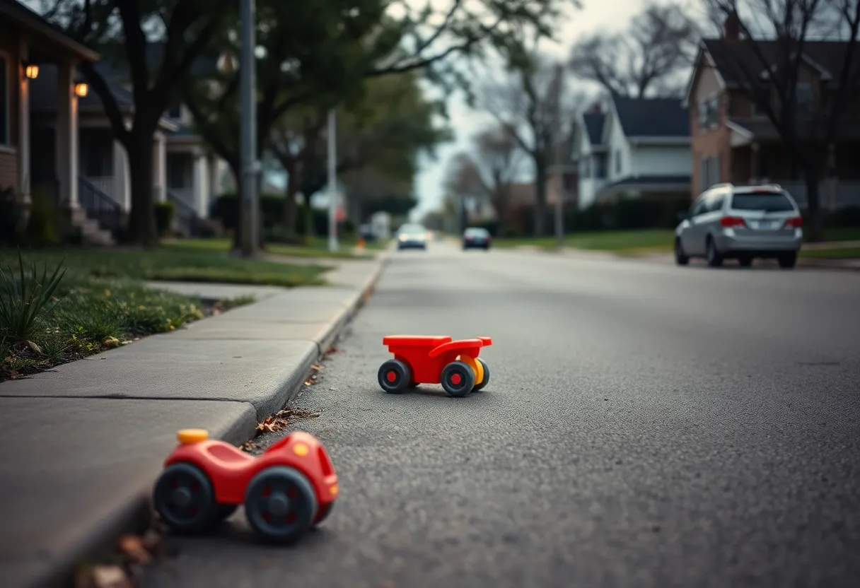 A quiet street in Grand Prairie, Texas with children's toys outside