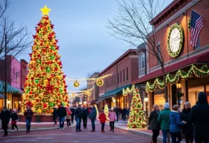 Community gathering around a large illuminated Christmas tree in Grapevine, Texas.