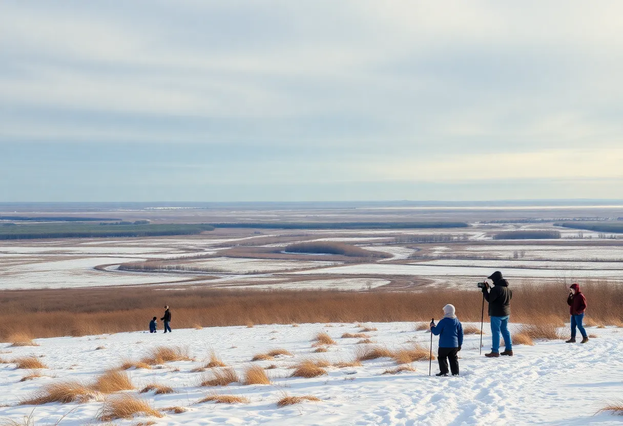 Visitors engaging in nature activities at Hagerman National Wildlife Refuge during winter.