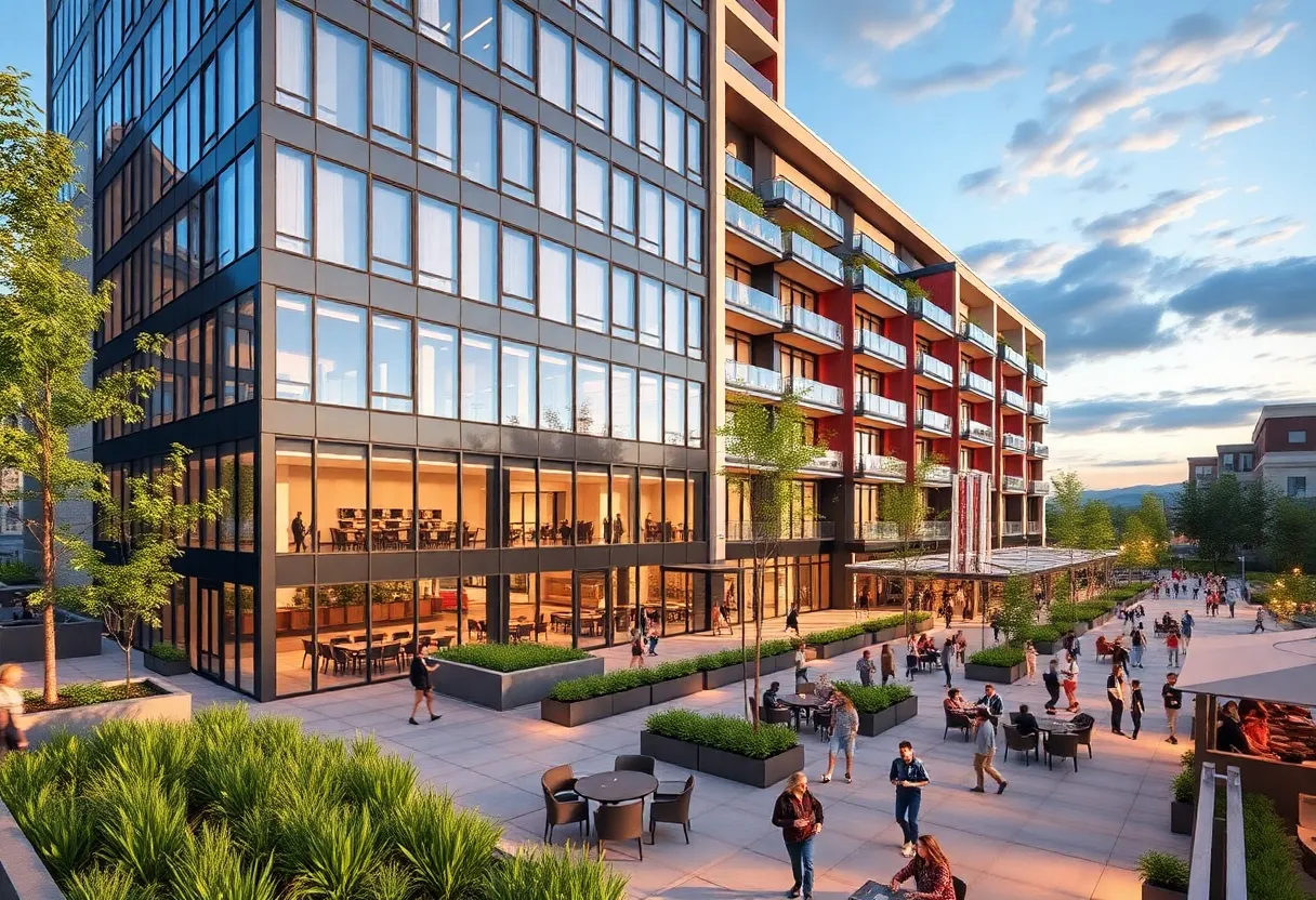 Exterior view of HALL Park with landscaping and office building