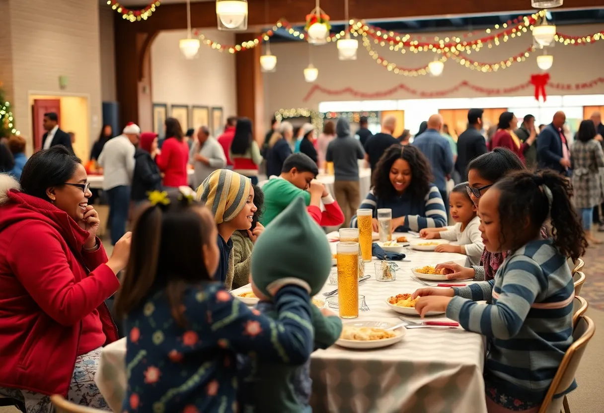 Families gathered at H-E-B's Feast of Sharing event in Dallas enjoying a holiday meal and activities.