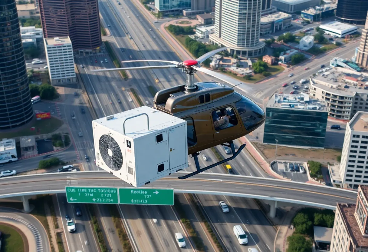 Helicopter transporting air conditioning units in Dallas