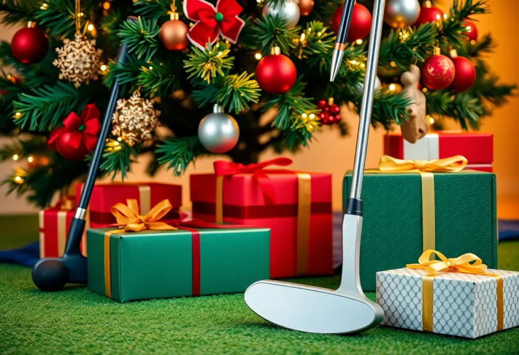 Holiday promotion for golf lovers featuring golf equipment