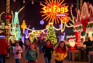 Families enjoying the festive holiday atmosphere at Six Flags Over Texas