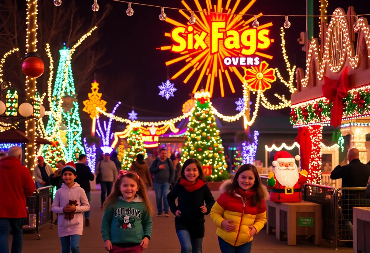 Families enjoying the festive holiday atmosphere at Six Flags Over Texas