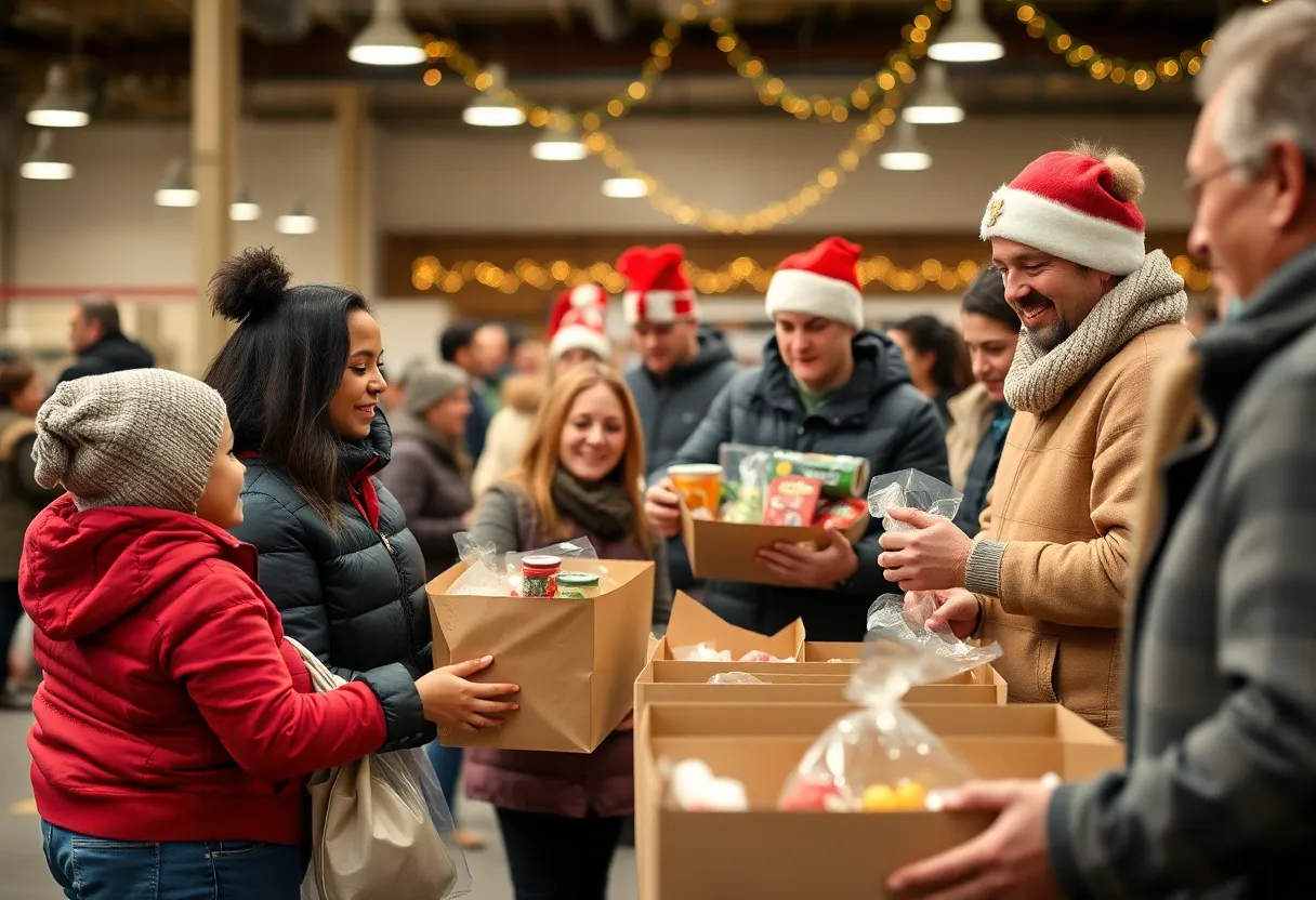 Families receiving food at the Holiday Mega Distribution event