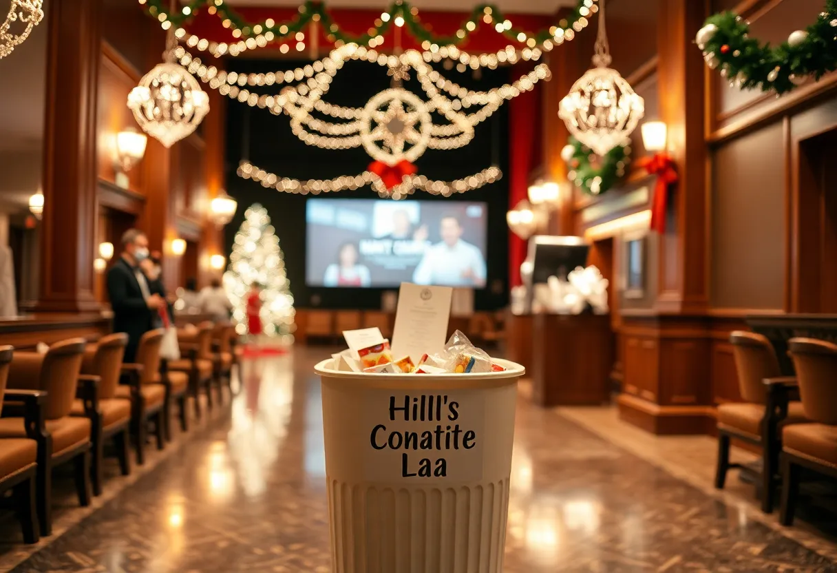 Holiday theater collection bin for food donations at Dallas Theater Center