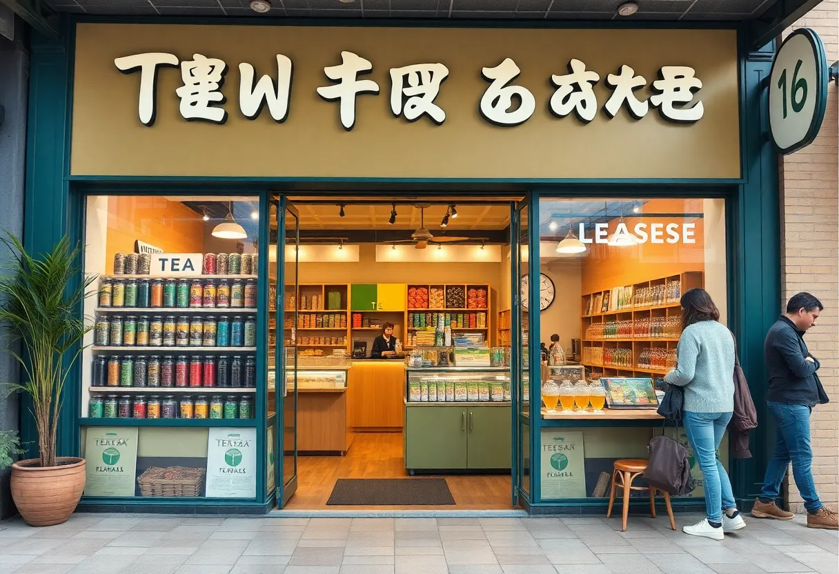 Exterior view of HTeaO beverage shop in Roanoke, Texas.