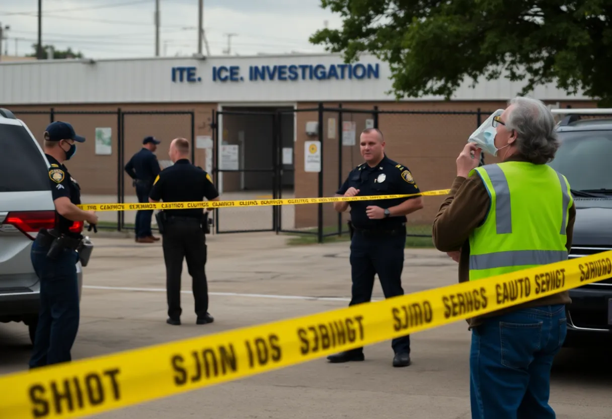 Law enforcement officers investigating a suspicious package at an ICE facility