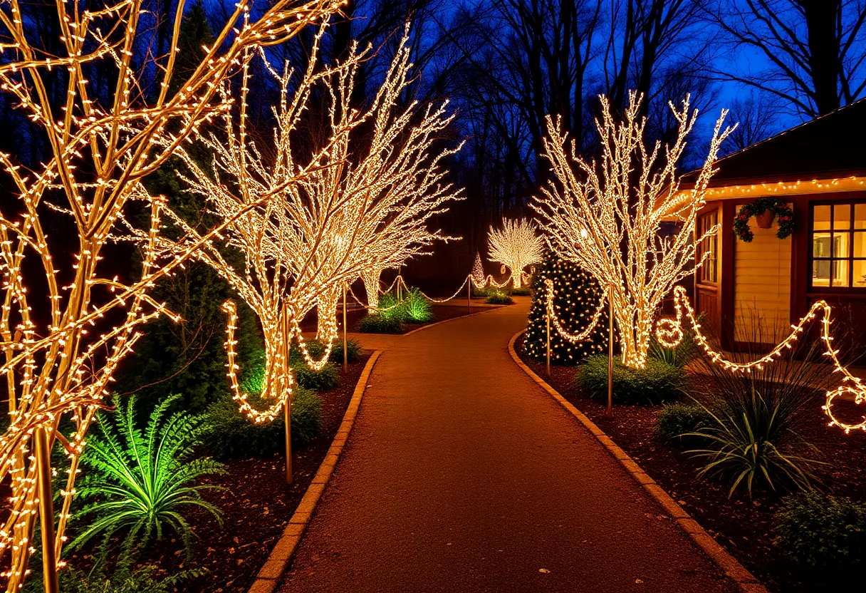 Nature trail with holiday lights during Holidays at the Heard event