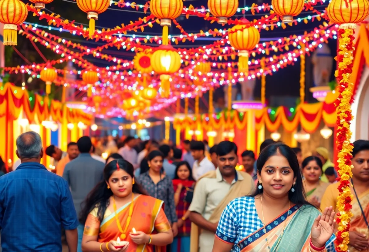 Community members celebrating Diwali with lights and decorations