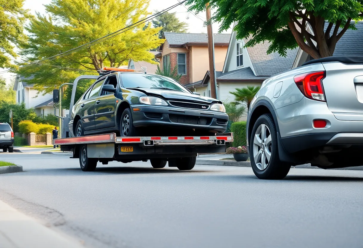 Junk car being towed away in a community setting