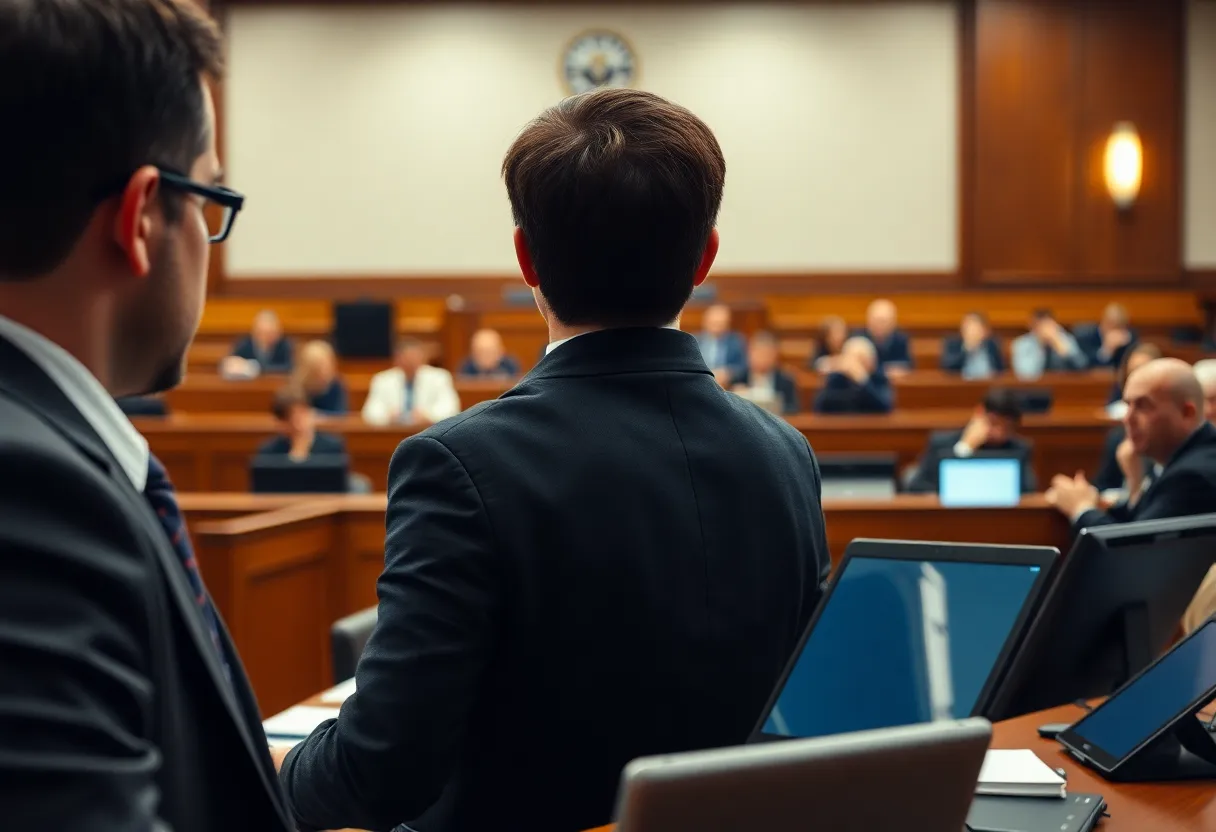 Courtroom scene depicting a legal battle over advertising ethics