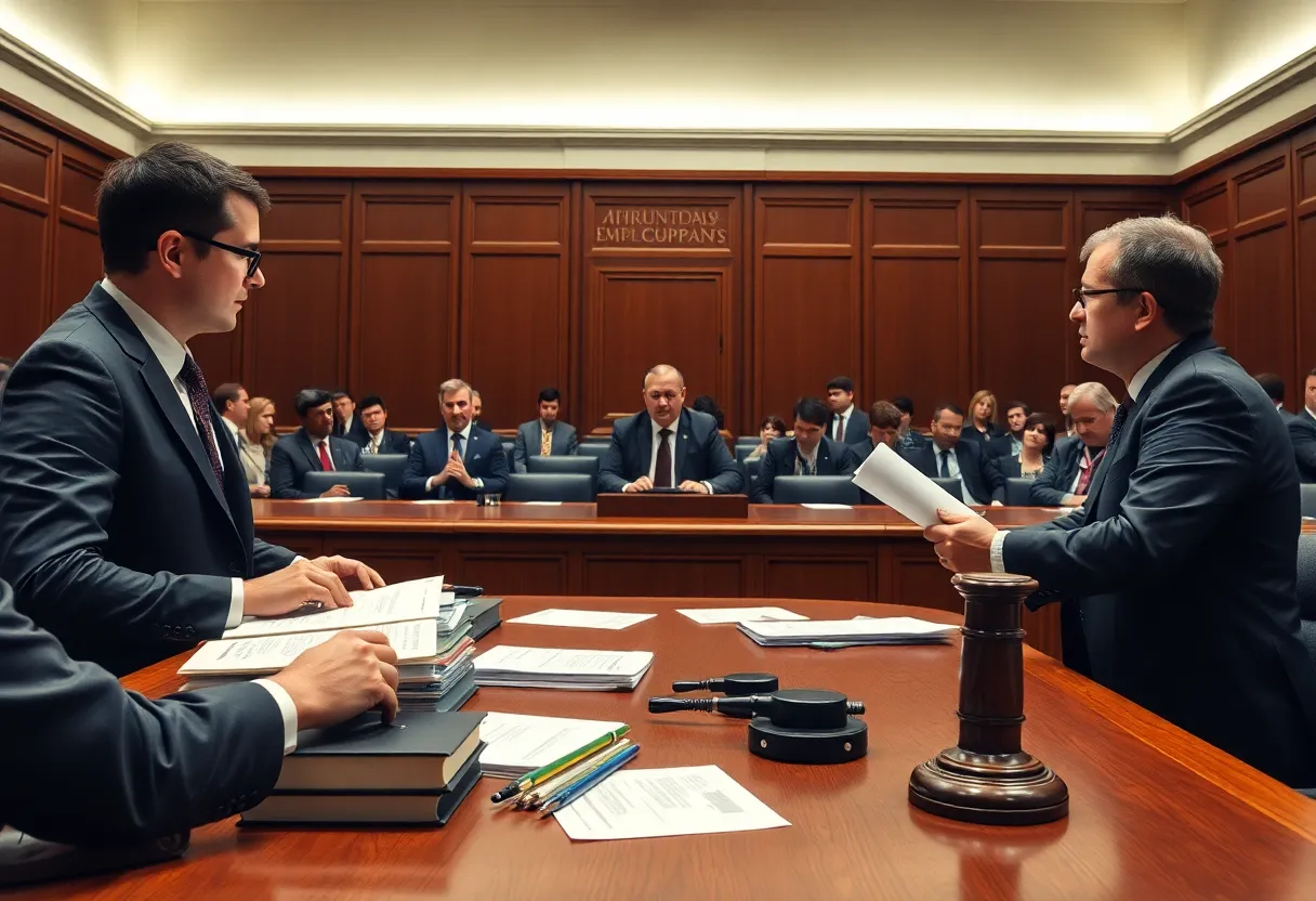 Courtroom scene depicting a legal dispute over trade secrets in technology.