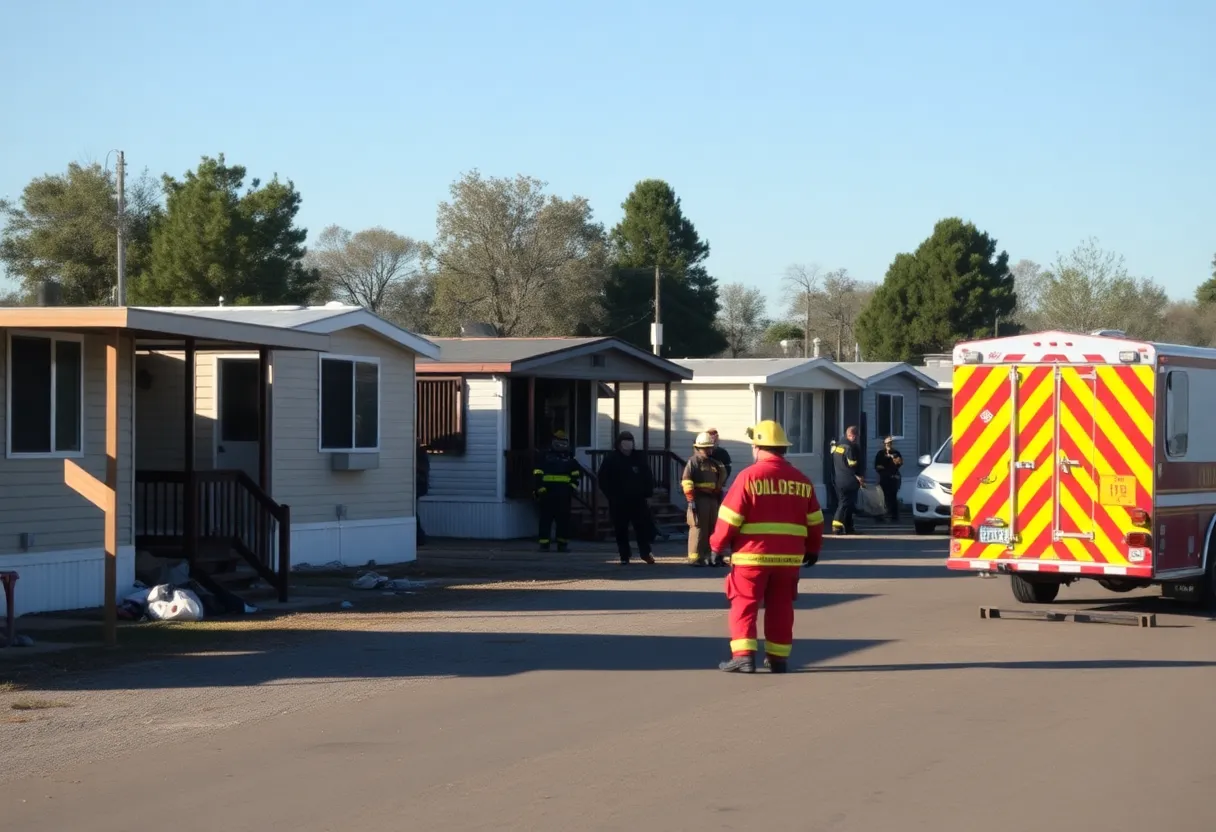 Emergency response teams at the scene of a mobile home fire in Lewisville.