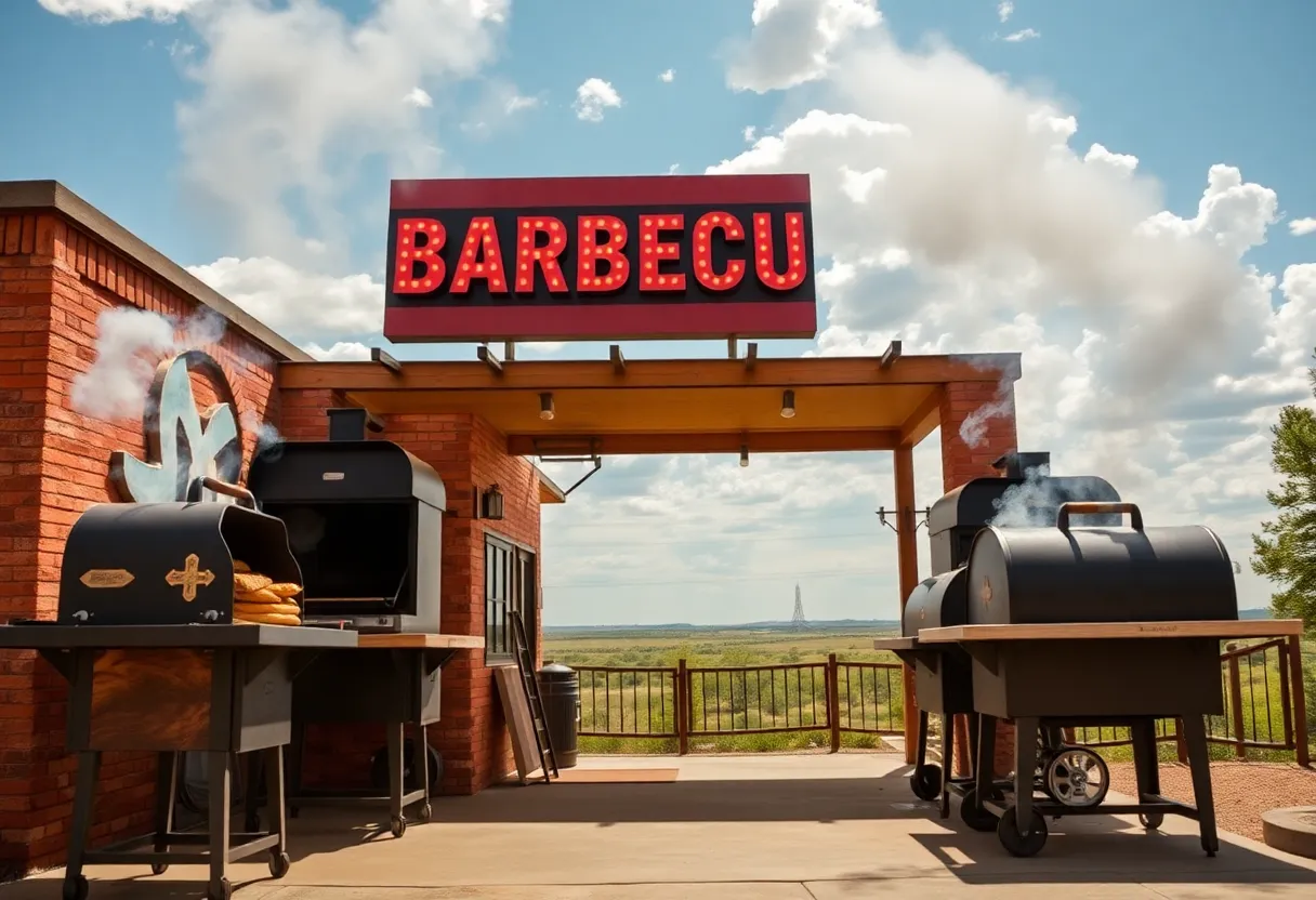 Exterior view of a barbecue restaurant with smoke and Texas scenery