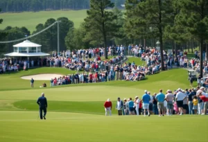 Crowd at an LPGA tournament with players on the course.