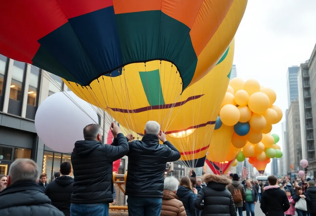 Technicians inflating balloons for Macy's Thanksgiving Day Parade