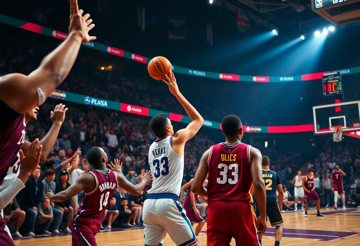 Scene from the Mavericks vs. Pelicans NBA Cup match showing dynamic basketball action.