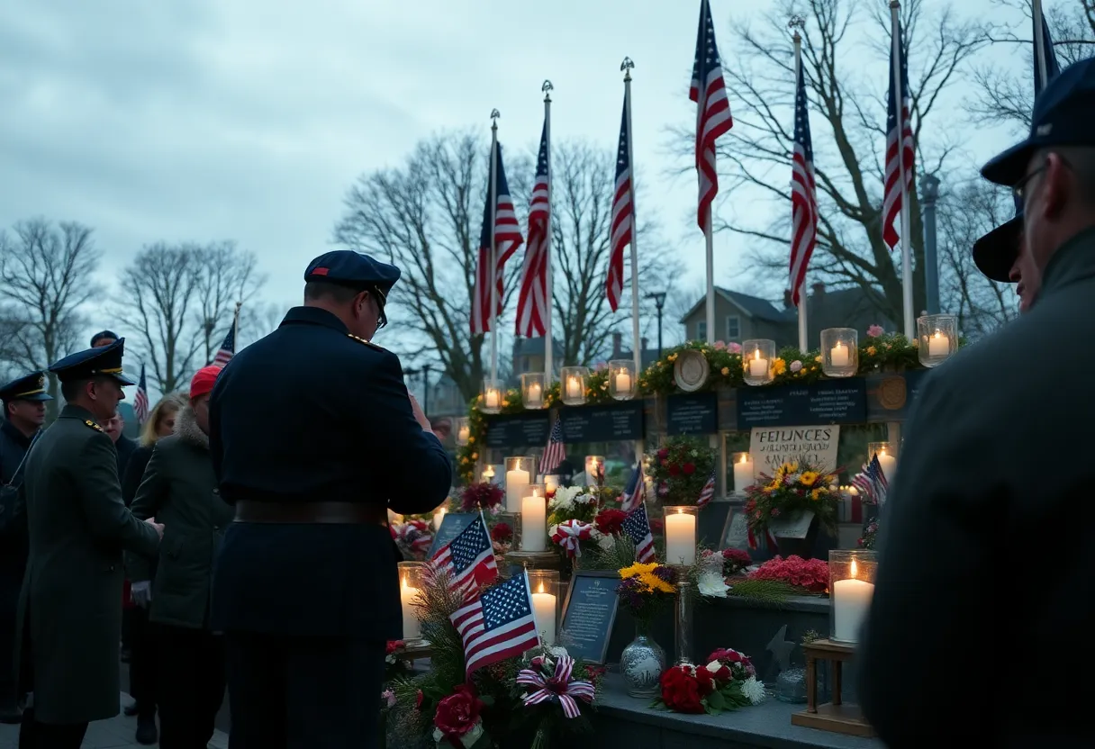 A memorial dedicated to fallen military members with candles and flowers.