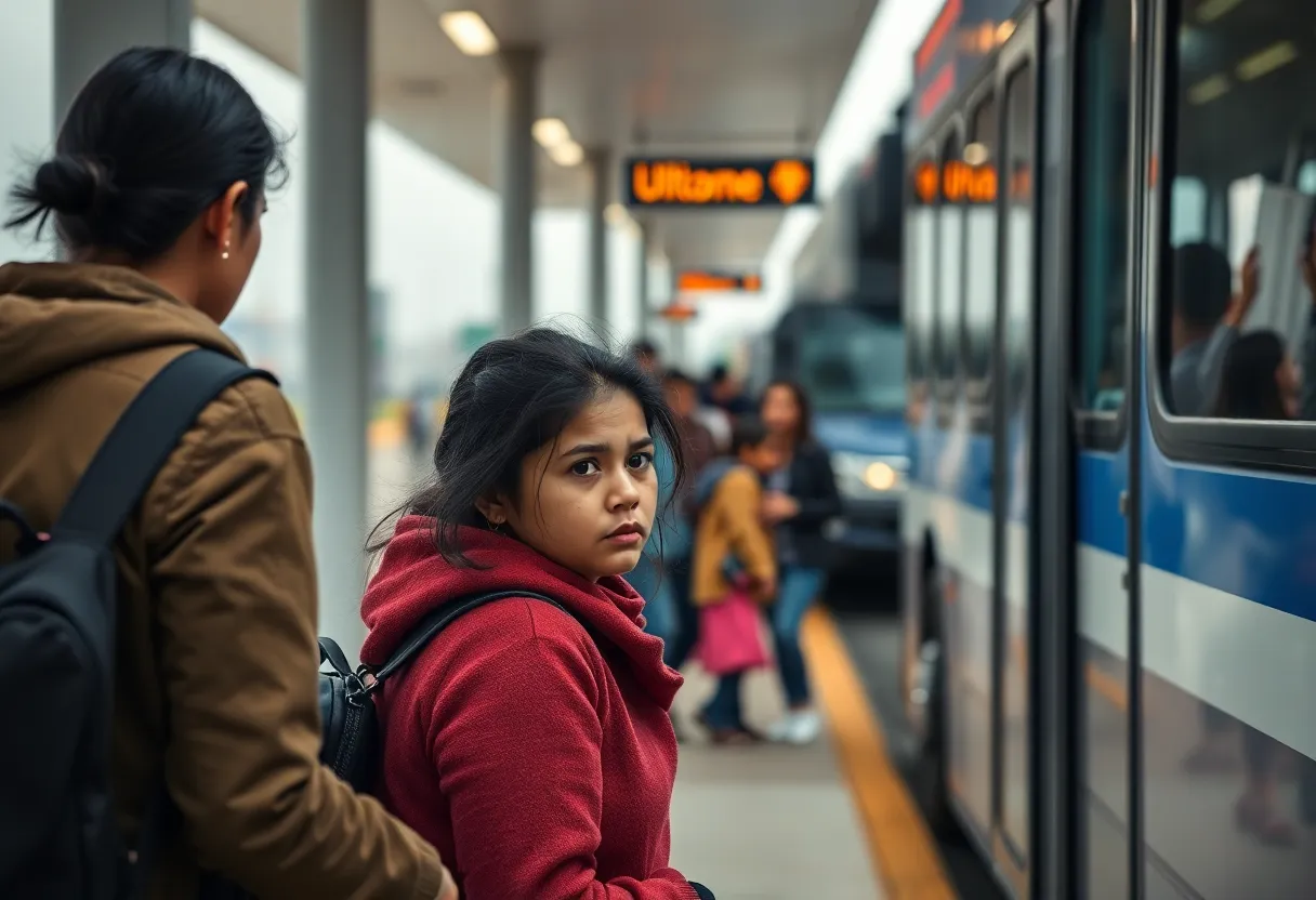 A woman anxiously waiting at a bus station, representing family separation in immigration cases.