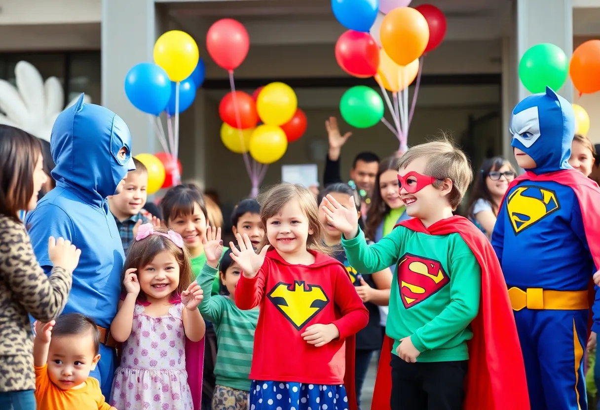 Children celebrating National Adoption Day with families and superheroes