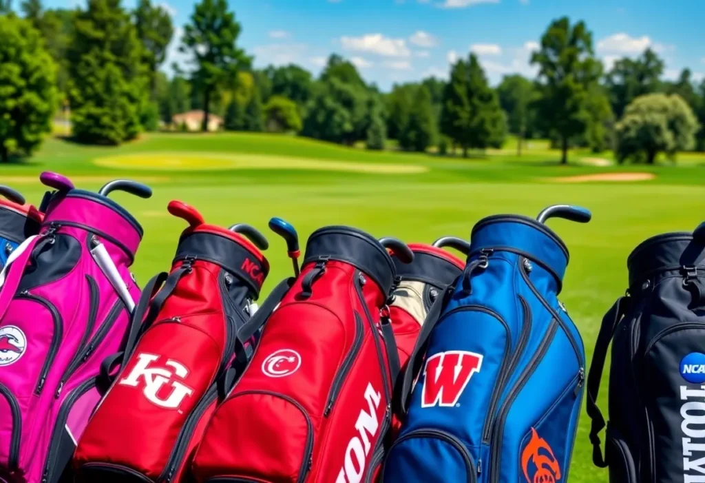 Display of NCAA golf bags with team logos on a golf course