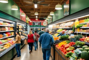 A busy supermarket in North Texas with shoppers and fresh produce.