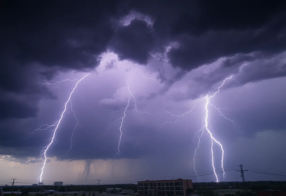 Dark clouds and thunderstorms over North Texas areas, causing heavy rain and disruptions.