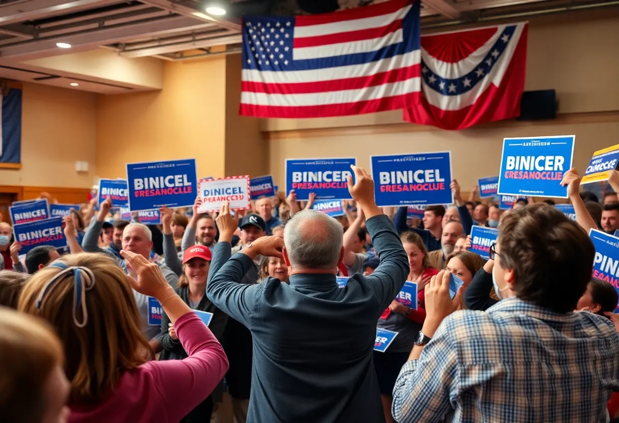 Campaign event with supporters and banners for Offer Vince Shlomi