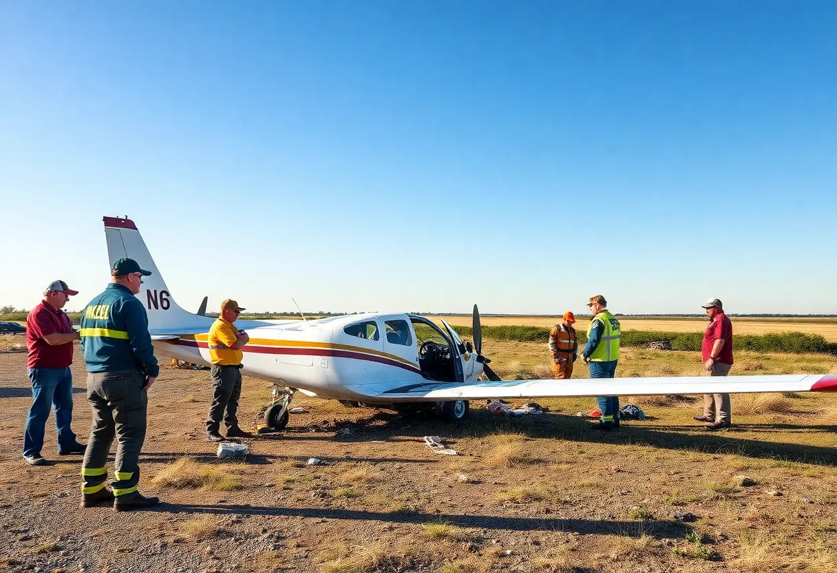 Scene of a crashed two-seater aircraft in Palo Pinto County with emergency responders on site.