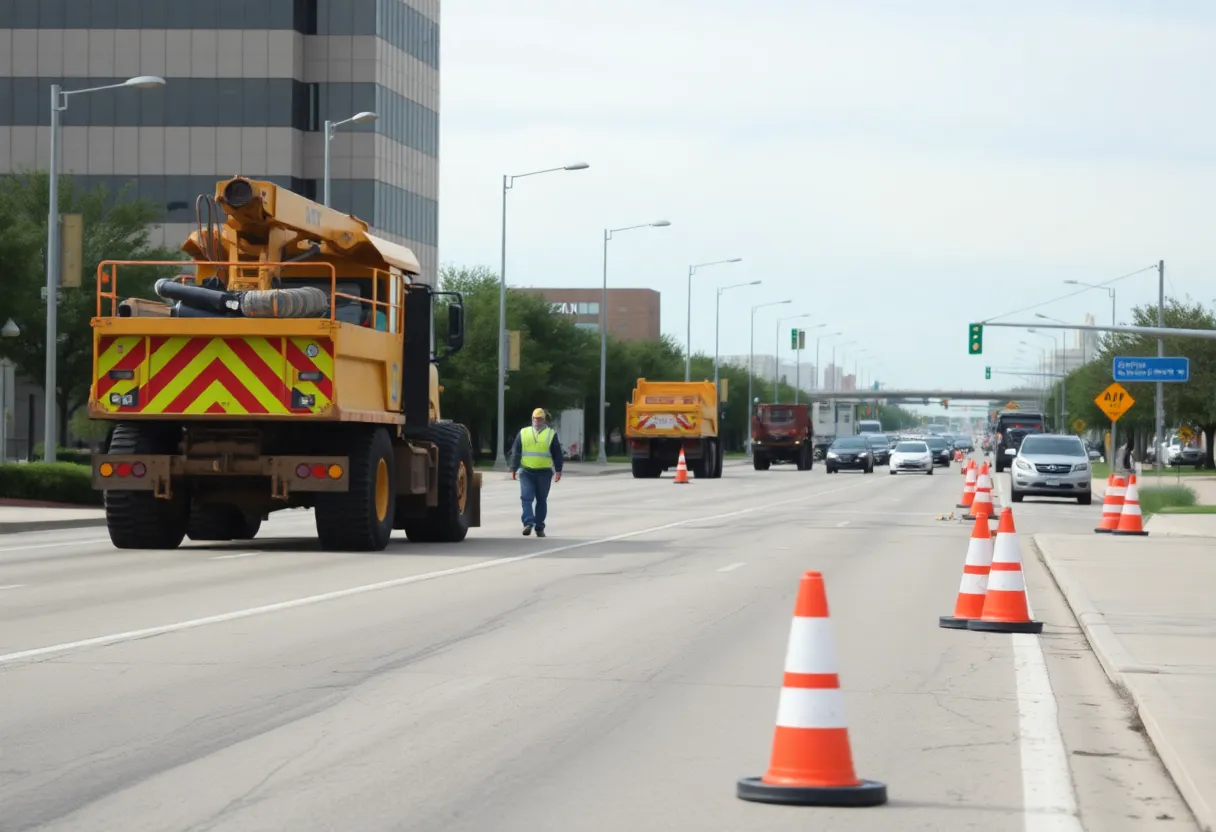 Ongoing road construction in Plano, Texas with construction vehicles and workers.