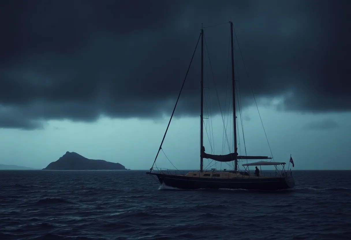 Illustration of a sailboat waiting near a remote island with dark clouds above.