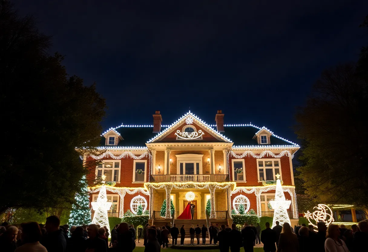 Elaborately decorated mansion with Christmas lights