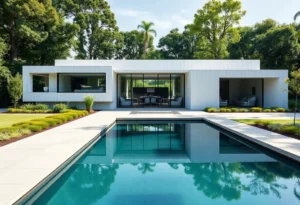 Exterior view of Rachofsky House with landscaped surroundings