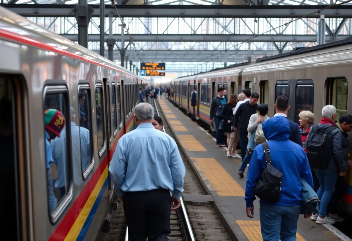Busy rail station with trains and commuters