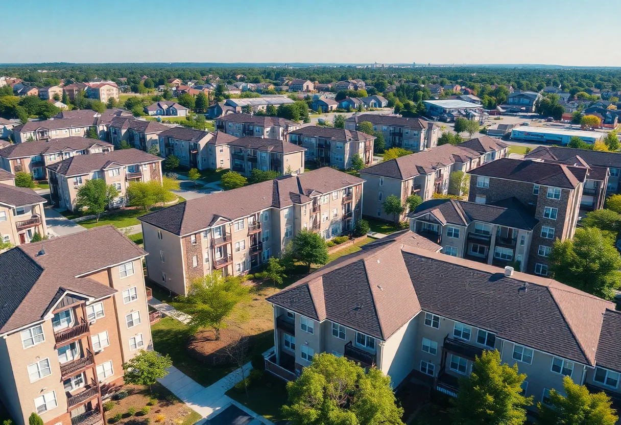 Aerial view of rental apartments highlighting multifamily housing.
