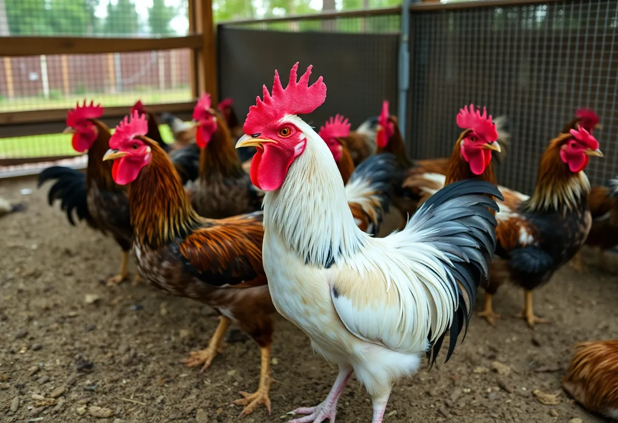 Rescued roosters receiving care after being rescued from illegal cockfighting.