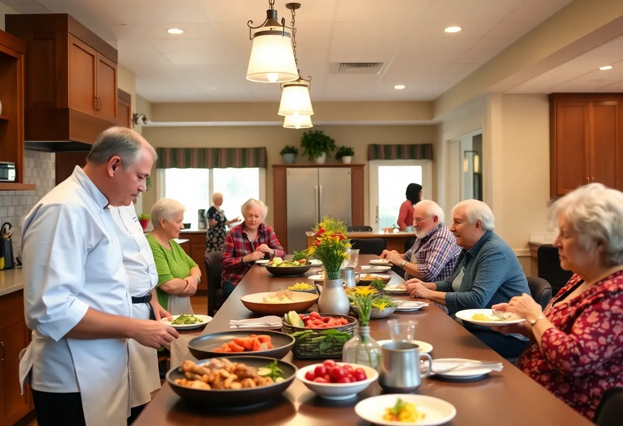 Residents enjoying an open-kitchen dining experience at Sage Oak Assisted Living